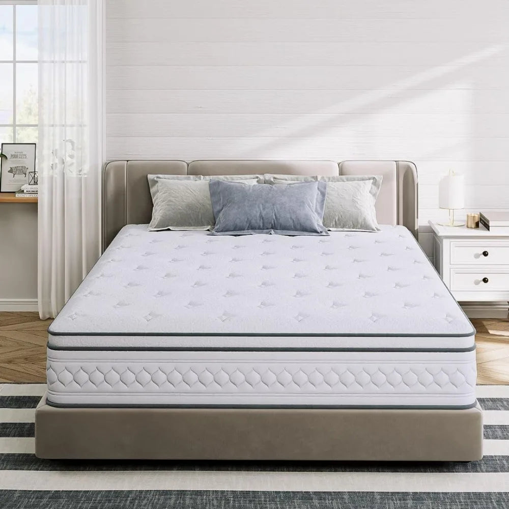 King Size Mattress, 12 Inch Plush Hybrid Mattress with Pocketed Springs and Cool Gel Memory Foam, Sufficient& Even Support