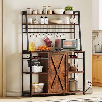 Kitchen Bakers Rack with Power Outlet Microwave Stand Cabinet Coffee Bar Table